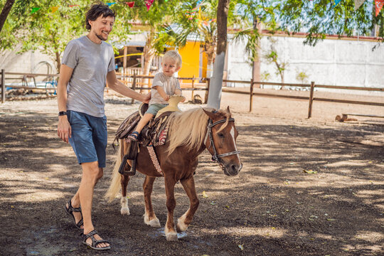 Father and toddler share an outdoor pony riding experience. Family bonding through outdoor riding activities.