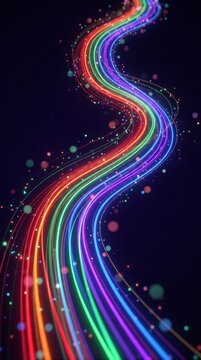 Vibrant rainbow spectrum ribbon twist streaming smoothly across dark canvas with glowing parallel light tracks and colorful energy motion.