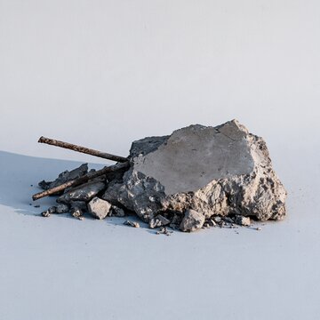 Broken chunk of concrete with rusted rebar, featuring rough cracked textures and spalled edges on a white background for industrial design