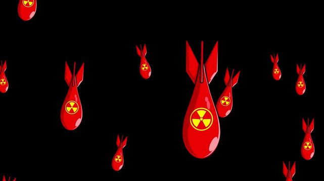 Red bombs falling from the sky and exploding. Dropping bombs animation. Nuclear bombs fall from above. Atom bomb Nuke. Vector illustration style. 4K Alpha Transparent Background Seamless loop.