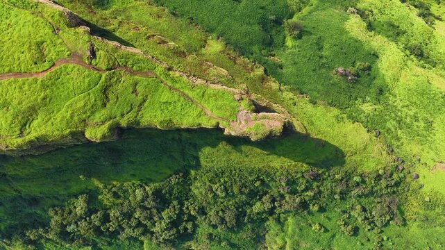 Top View of   Kenjalgad Fort in Monsoon near Wai , Satara, Maharashtra, India 