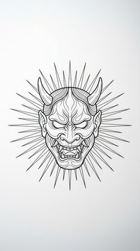 Minimalist Hannya Mask Line Art with Radiant Halo