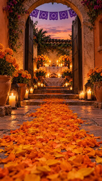 Marigold petal pathway leads through arched doorway to candlelit ofrenda for Dia De Los Muertos. Mexican remembrance background with papel picado, bread offerings and courtyard altar under sunset sky.
