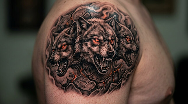 Three-headed wolf tattoo on shoulder, glowing eyes, dark fantasy art