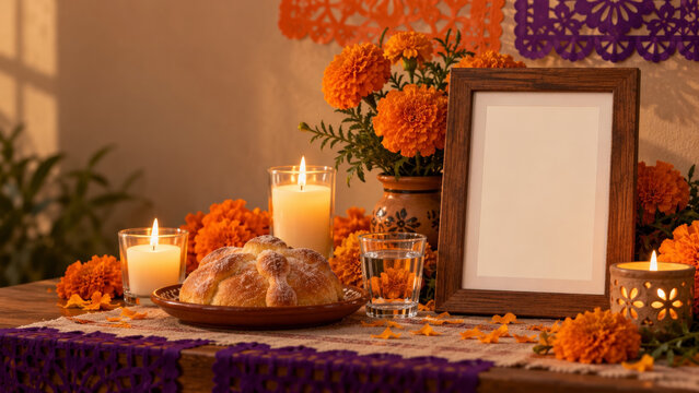 Blank wood frame mockup with pan de muerto sweet bread, orange marigold flower, burning candle and glass of water on festive altar celebrating mexican holiday dia de los muertos day of the dead