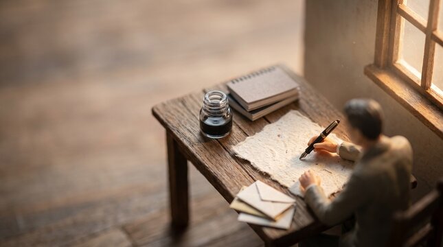 High angle shot of a man writing with a quill at a wooden desk.