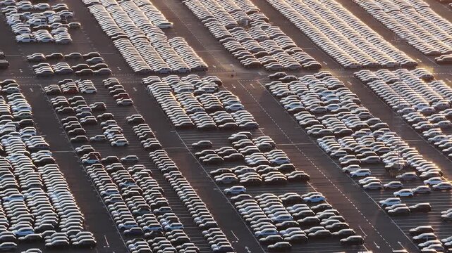 Aerial drone view of thousands of new import export cars parked in a sea port terminal. Commercial automotive supply chain and maritime freight logistics.