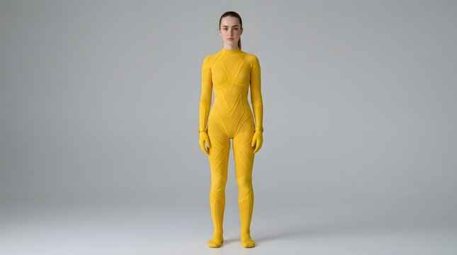 Concept portrait of a female model wearing a seamless yellow full-body suit looking forward in a studio.