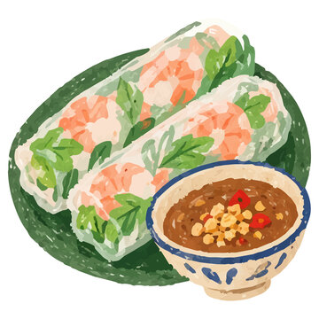 Hand Draw Style Vietnamese Goi Cuon Fresh Shrimp Rice Paper Rolls Illustration