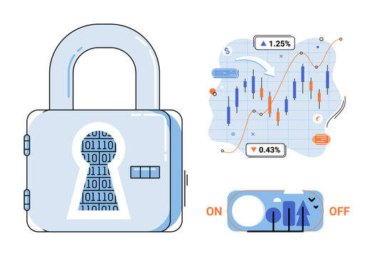 Padlock with binary code and financial stock market chart vector illustration. Data security, digital privacy, investment protection, market analysis, cyber safety, financial technology. Locked