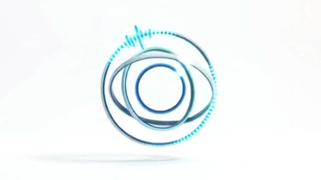 Futuristic 3D digital eye logo with audio visualizer ring and sound wave technology interface element
