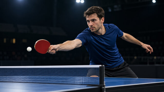Professional male table tennis player hitting ball with racket in indoor arena. Concept of ping pong, athlete, ping pong paddle.