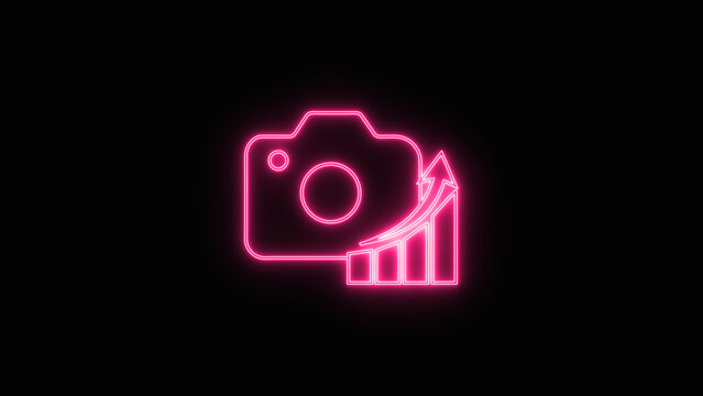 Colorful neon camera icon with a rising bar chart and arrow symbol representing business growth and photography marketing success isolated on black background
