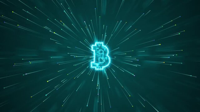 Motion graphic of cryptocurrency symbol and digital currency data streams with glowing blockchain finance lines, designed for fintech background and crypto market visuals.