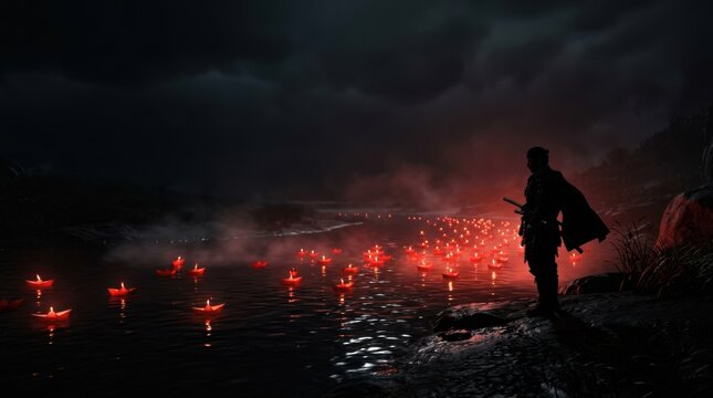 Mysterious warrior stands beside glowing lanterns on water photography