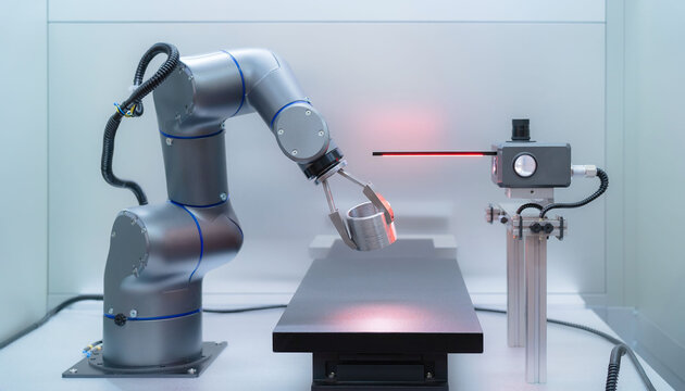 Industrial robot arm holding a metal component in a laboratory