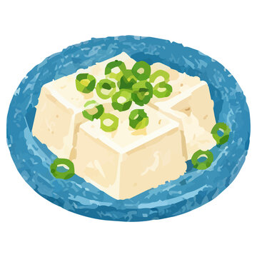 Hand Drawn Style Japanese Hiyayakko Chilled Tofu with Green Onion Illustration