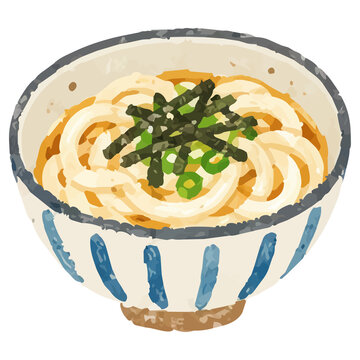 Hand Drawn Style Japanese Udon Noodle Bowl with Seaweed Illustration