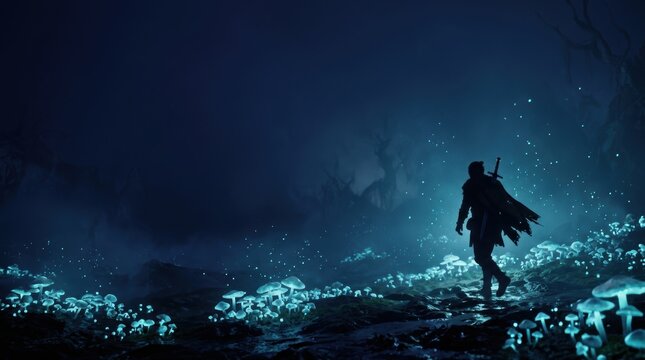 Backlit Silhouette Figure Wielding Sword Mystical Glowing Forest 3D Render