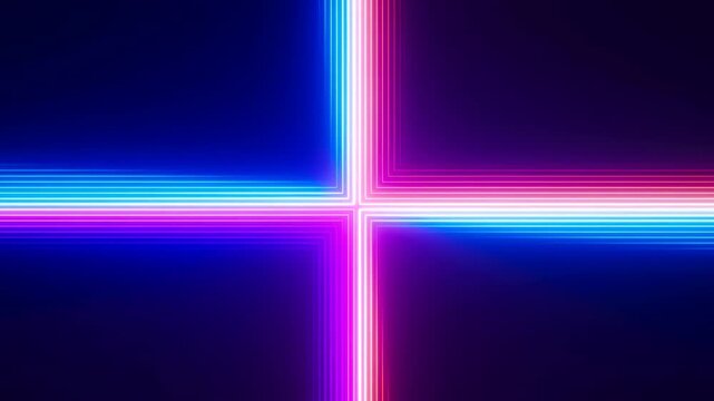 Neon light lines intersect and glow with shifting horizontal and vertical movement across dark background, forming abstract geometric cross pattern with vivid blue, purple, and orange luminous trails