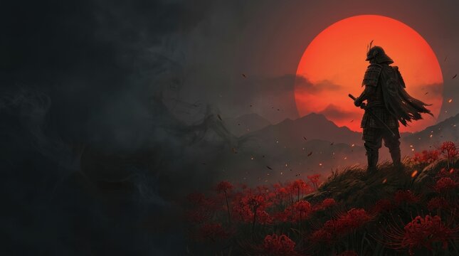 Layered shadows samurai standing dramatic sunset mountain landscape digital painting