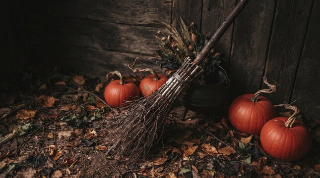 Rustic wooden broom leaning against pumpkins on autumn forest