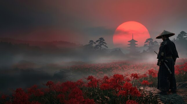 Misty mountain landscape with red sunset glow cinematic photography wallpaper