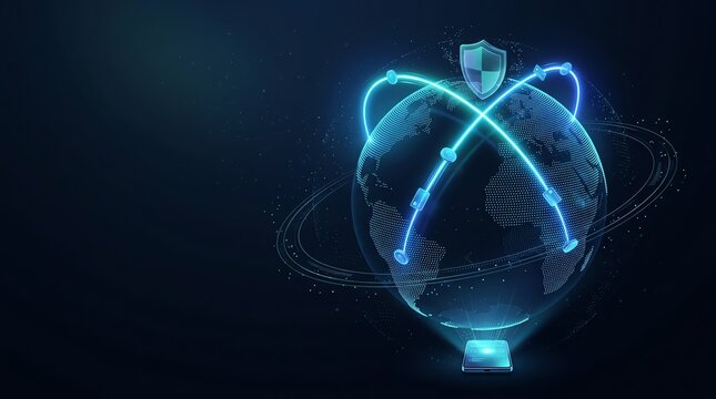 Glowing digital globe with security shield and network connections