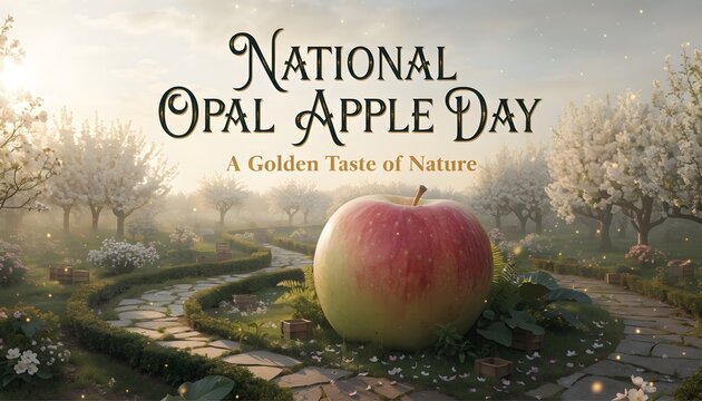 Giant apple sitting on a garden path in a blooming orchard