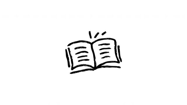 Open Book For Reading And Education Doodle Animation. Book Symbol And Learning Resource. 4K Video Loopable Overlay Element. Hand-Drawn Animated Icon With Alpha Channel.