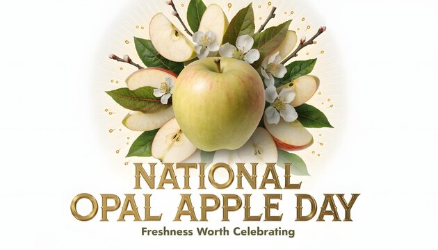Fresh opal apple surrounded by slices and blossoms on white background