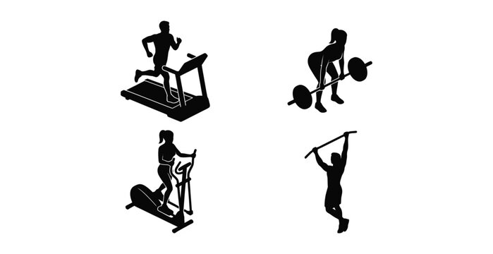Fitness exercise icons set featuring people training on gym equipment in flat black vector style