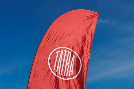 Mo&scaron;nov, Czech Republic, September 19, 2026: Promotional banner featuring the Tatra Trucks brand logo. Automotive industry and commercial vehicle manufacturing. Blue sky providing copy space.