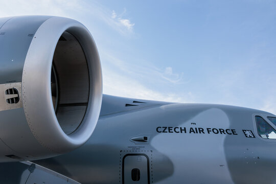 NATO Days, Mosnov, Czech Republic, Czechia - Sep 19, 2026: Embraer C-390 Millennium belonging to Czech Air Force. Military transport airplane and aircraft. Engine and body of plane. Sky as copy space.