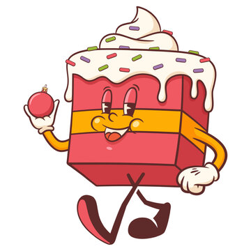 Christmas Groovy Cake Retro Character Cartoon Xmas Sweets Delight Personage Funny Vector Winter Holiday Mascot Template. Happy Vintage Cool Illustrations Isolated