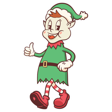 Groovy Christmas Retro Santas Elfs Character Cartoon Xmas Elf Little Helper Vector Winter Holiday Mascot Template. Happy Vintage Cool New Year Toy Maker Personage Illustrations Collection Isolated