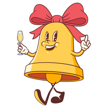 Groovy Christmas Retro Bell Character Cartoon Decorative Tree Chimes Vector Winter Holiday Mascot Template. Happy Vintage Cool New Year Personage Illustrations Collection Isolated
