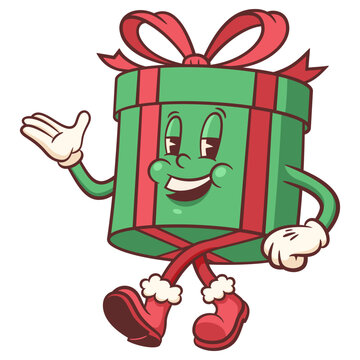 Christmas Groovy Gift Box Retro Character Illustration. Cartoon Decorative Personage walking and smiling. Vector Winter Holiday Mascot Template Happy Vintage Cool New Year Doodle Isolated