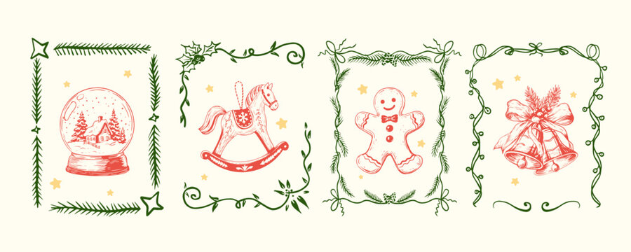 Vintage Christmas frames set with whimsical bow and festive tree border. Hand-drawn holiday card illustrations featuring elegant ribbon, bells, pine tree and winter ornaments for party invitations.