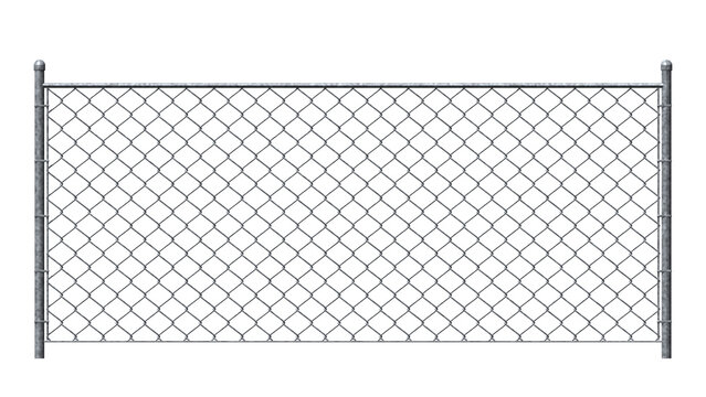 Galvanized chain link fence panel with round posts and top rail isolated on transparent background