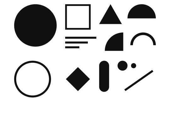 Bold Black Basic Shapes Collection with Circle, Square, Triangle and Arch on White Background for Design Elements and Branding