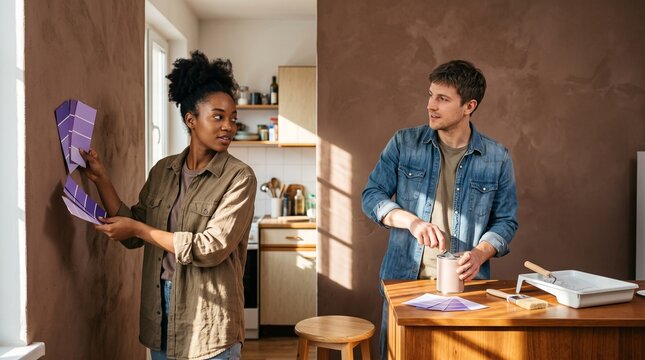 Friends plan a violet kitchen update in afternoon sun