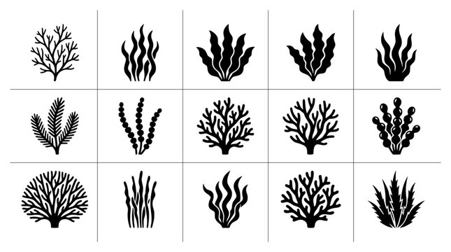 Seaweed silhouettes set with kelp and coral shapes for underwater design
