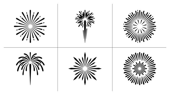 Firework silhouettes set with starburst and exploding shapes for celebration, New Year and events
