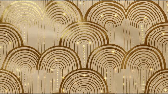 Luxury gold art deco pattern video footage featuring glittering metallic arcs and geometric seamless background motion graphic clip