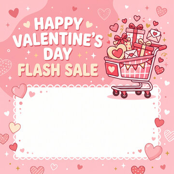 Happy valentines day flash sale social media post square flyer poster template with shopping cart filled with gift boxes and heart ornaments on pastel pink background with empty copysapce