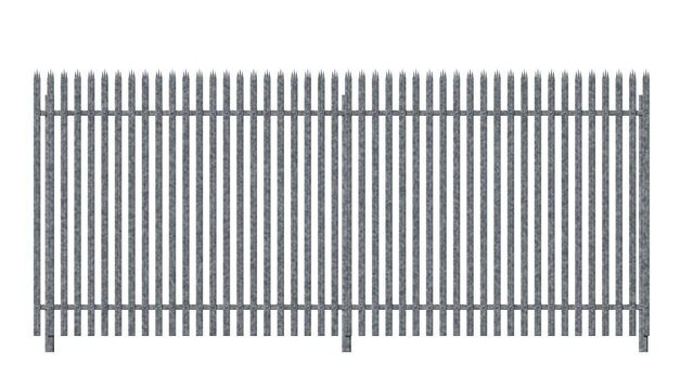 Galvanized steel palisade security fence with triple pointed pales on transparent background
