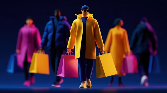 personnages 3d color&eacute;s portant des sacs de shopping lors d'une s&eacute;ance de courses