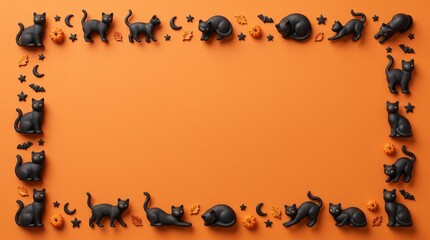 Fototapeta premium Black cat border frame on orange background for halloween celebration