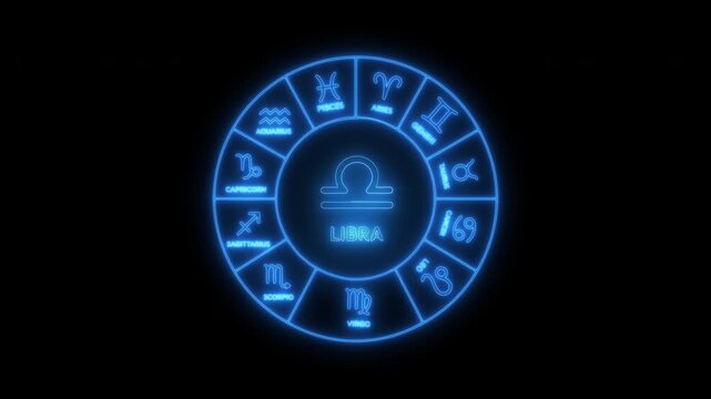 Blue neon zodiac wheel with libra sign glowing on black background
